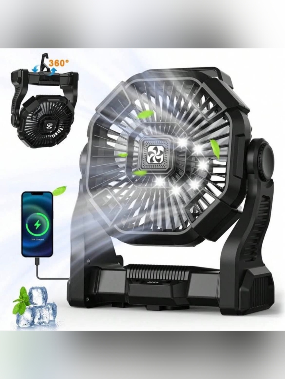 Rechargeable Camping Fan 20000mAh Portable Fan with Light & Phone Charging